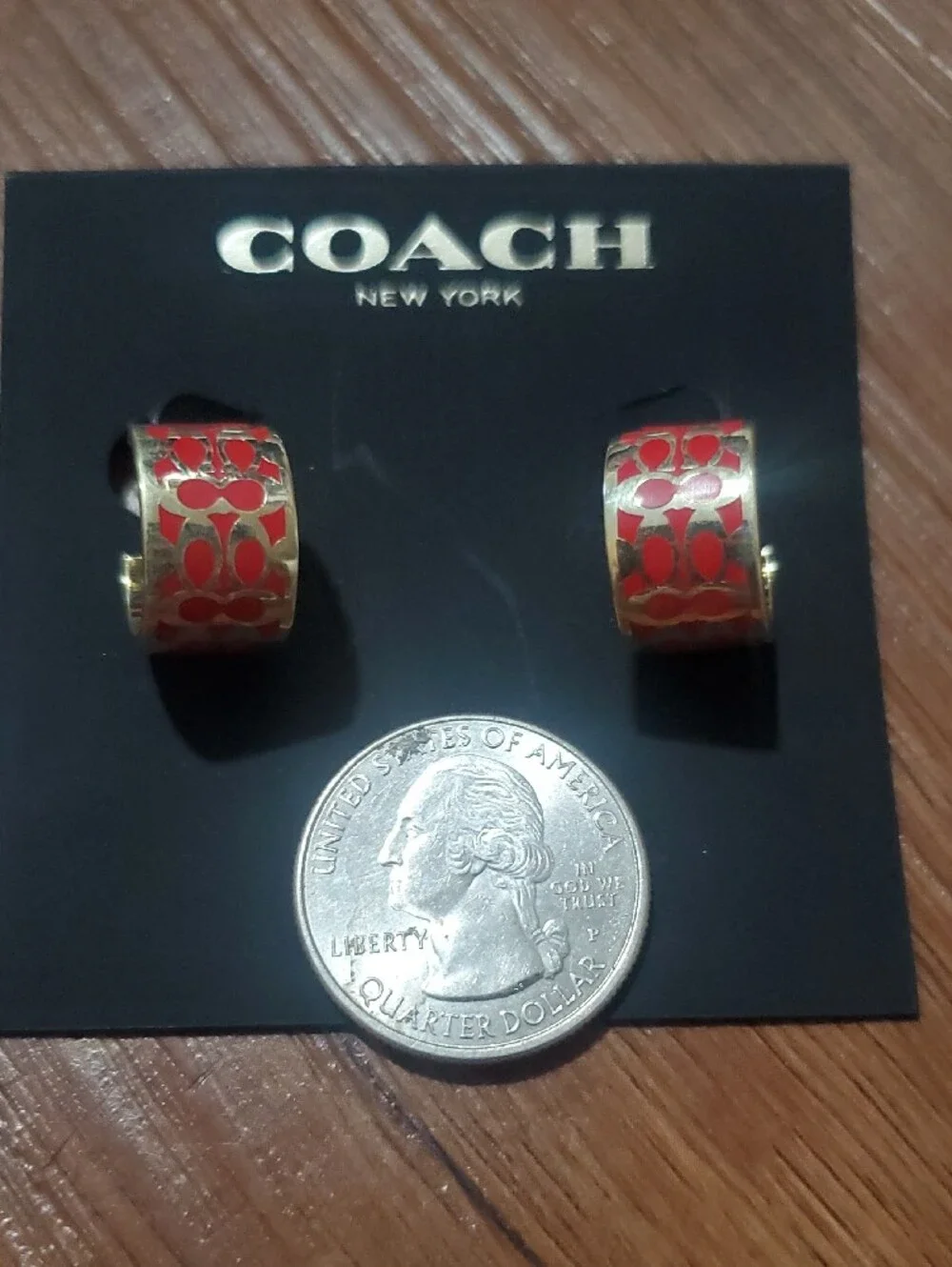COACH Gold-Tone Hoop Earrings with Red Enamel Signature Pattern - Picture 2 of 4